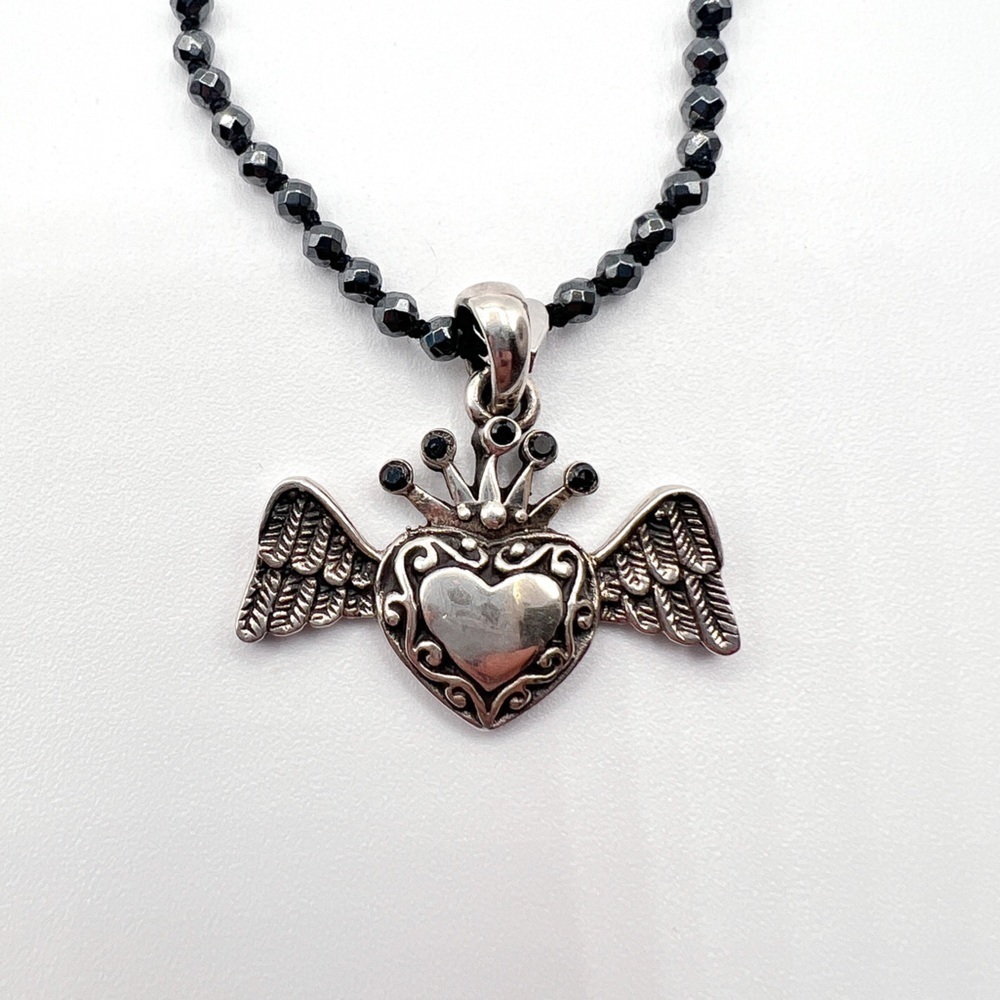 28 inch hematite necklace with solid silver Heart Angel pendant
